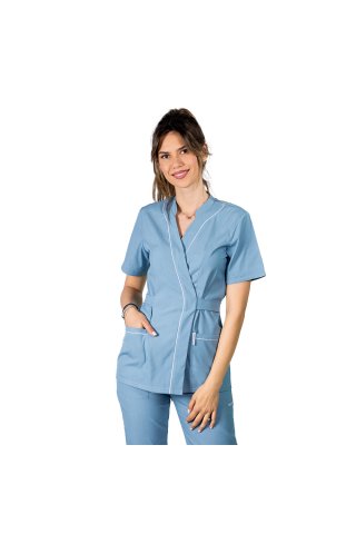 Tuta medica elasticizzata blu, con camicetta a kimono con profili bianchi e pantaloni jogger