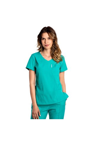 Tuta medica elasticizzata verde con camicetta a V e pantaloni con coulisse ed elastico