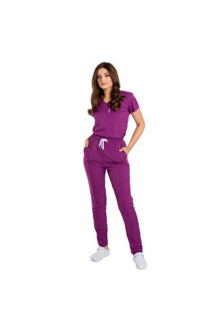  Tuta medica elasticizzata magenta con camicetta a V  e pantalone con coulisse ed elastico