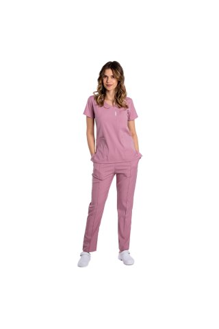 Tuta medica elasticizzata rosa cipria con camicetta scollo a V e pantaloni con coulisse ed elastico
