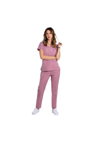 Tuta medica elasticizzata rosa cipria con camicetta a V e pantaloni con coulisse ed elastico