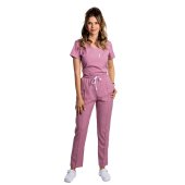 Tuta medica elasticizzata rosa cipria con camicetta a V e pantaloni con coulisse ed elastico..