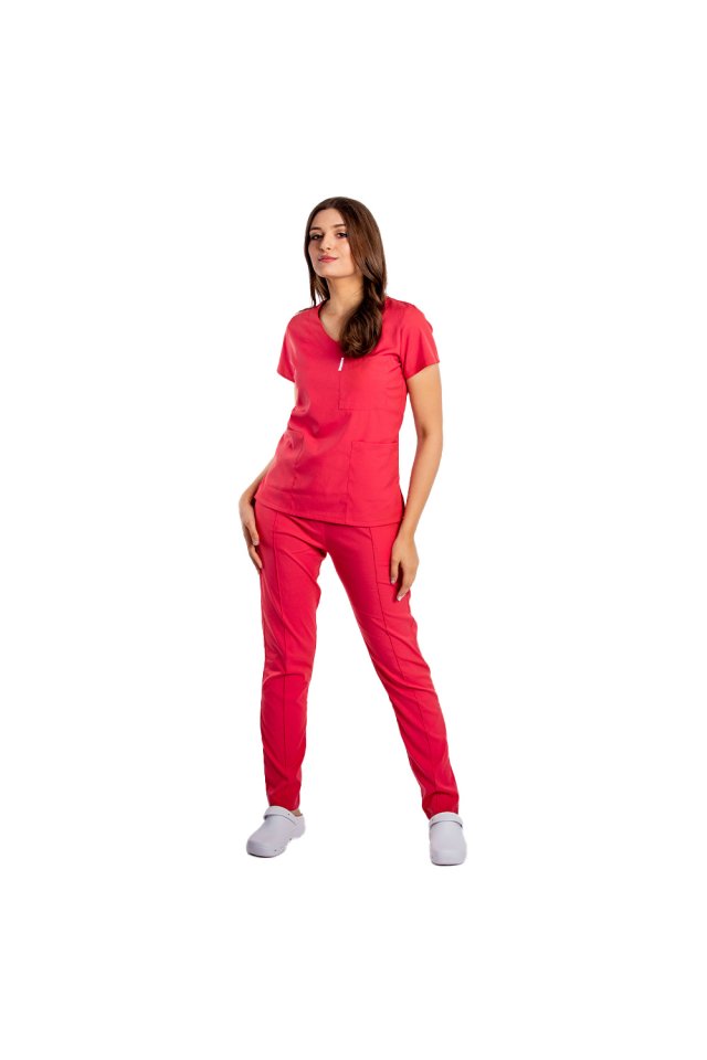  Tuta medica  rosso corallo elasticizzata con camicetta scollo a V e coulisse e pantalone elastico