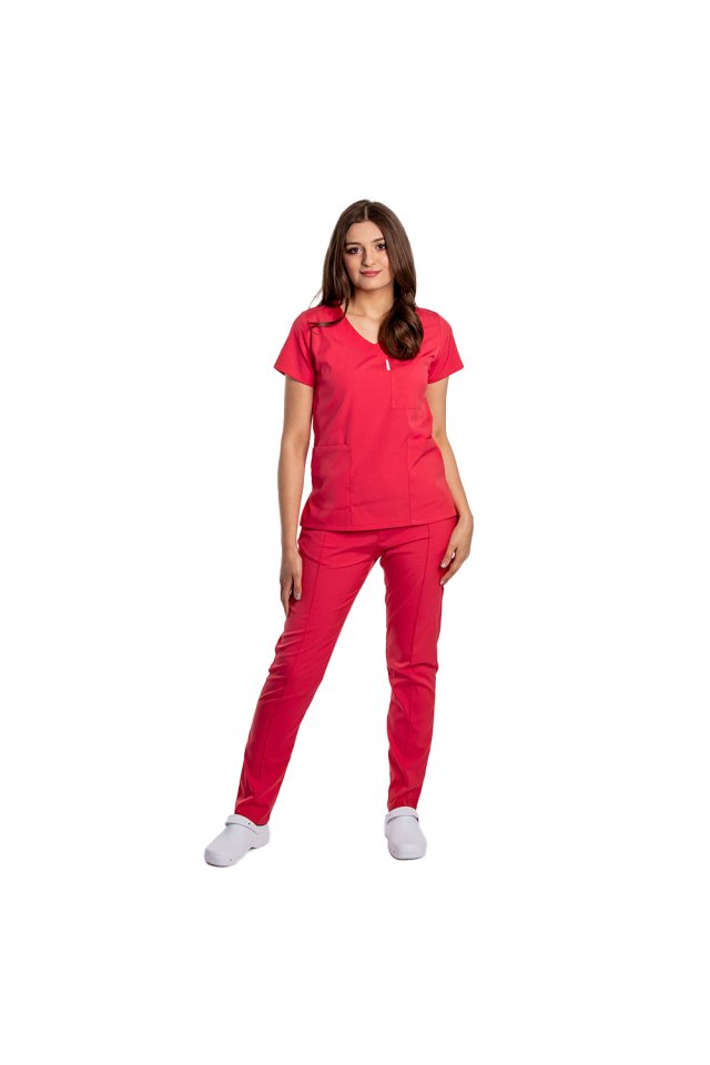  Tuta medica  rosso corallo elasticizzata con camicetta scollo a V e coulisse e pantalone elastico
