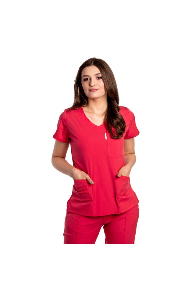  Tuta medica  rosso corallo elasticizzata con camicetta scollo a V e coulisse e pantalone elastico
