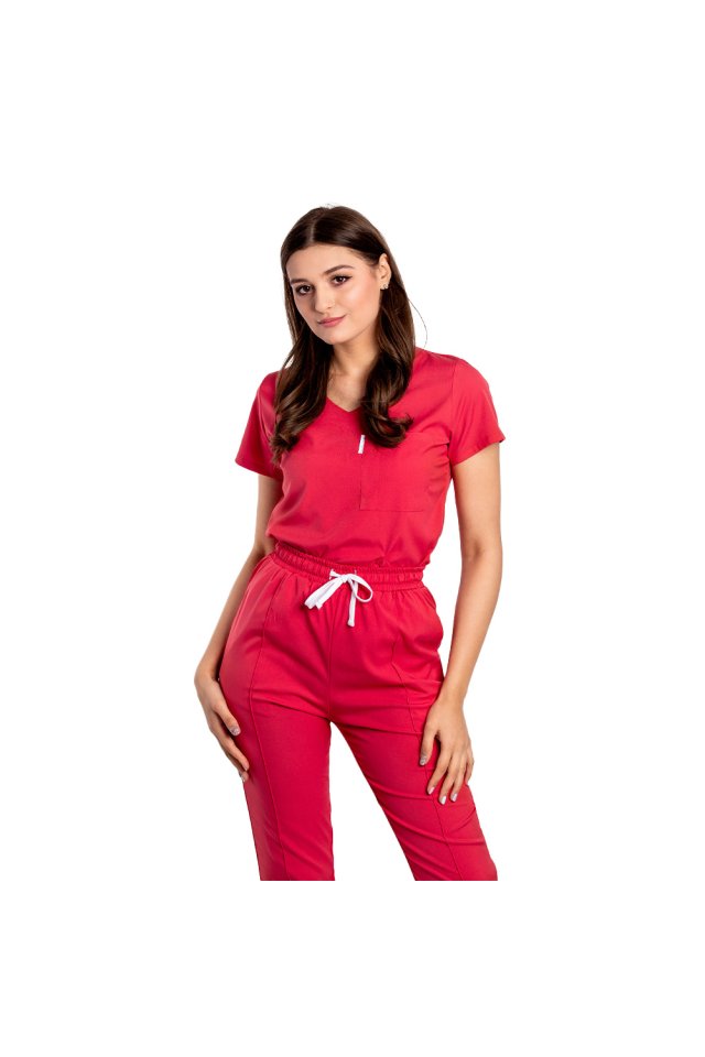  Tuta medica  rosso corallo elasticizzata con camicetta scollo a V e coulisse e pantalone elastico