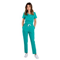Tuta medica elasticizzata verde con camicetta a V e pantaloni con coulisse ed elastico