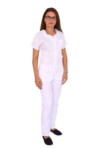 Uniforme da pulizia bianca con camicetta a campana con cerniera e pantaloni bianchi con elastico