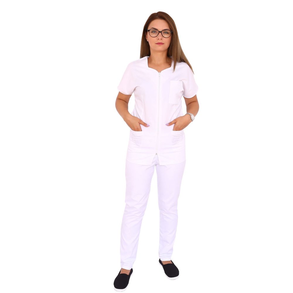 Tuta medica bianca con camicetta camberata con cerniera, tre tasche applicate e pantalone bianco con elastico