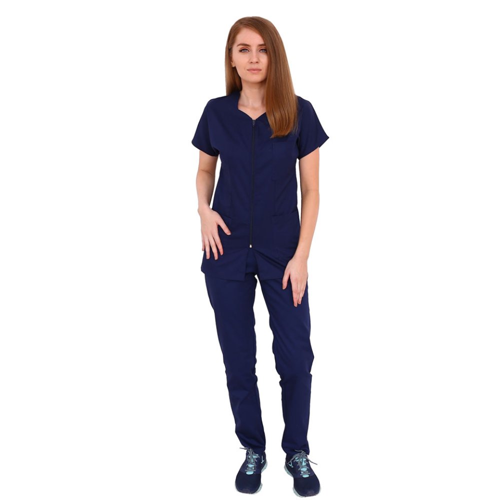 Tuta medica blu scuro con camicetta con cerniera, tre tasche e pantaloni con elastico