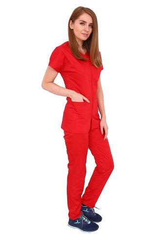 Tuta medica rossa, camicetta bombata con cerniera, tre tasche e pantaloni con elastico