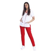 Tuta medica composta da camicetta bianca con paspol rosso e pantaloni rossi con elastico..