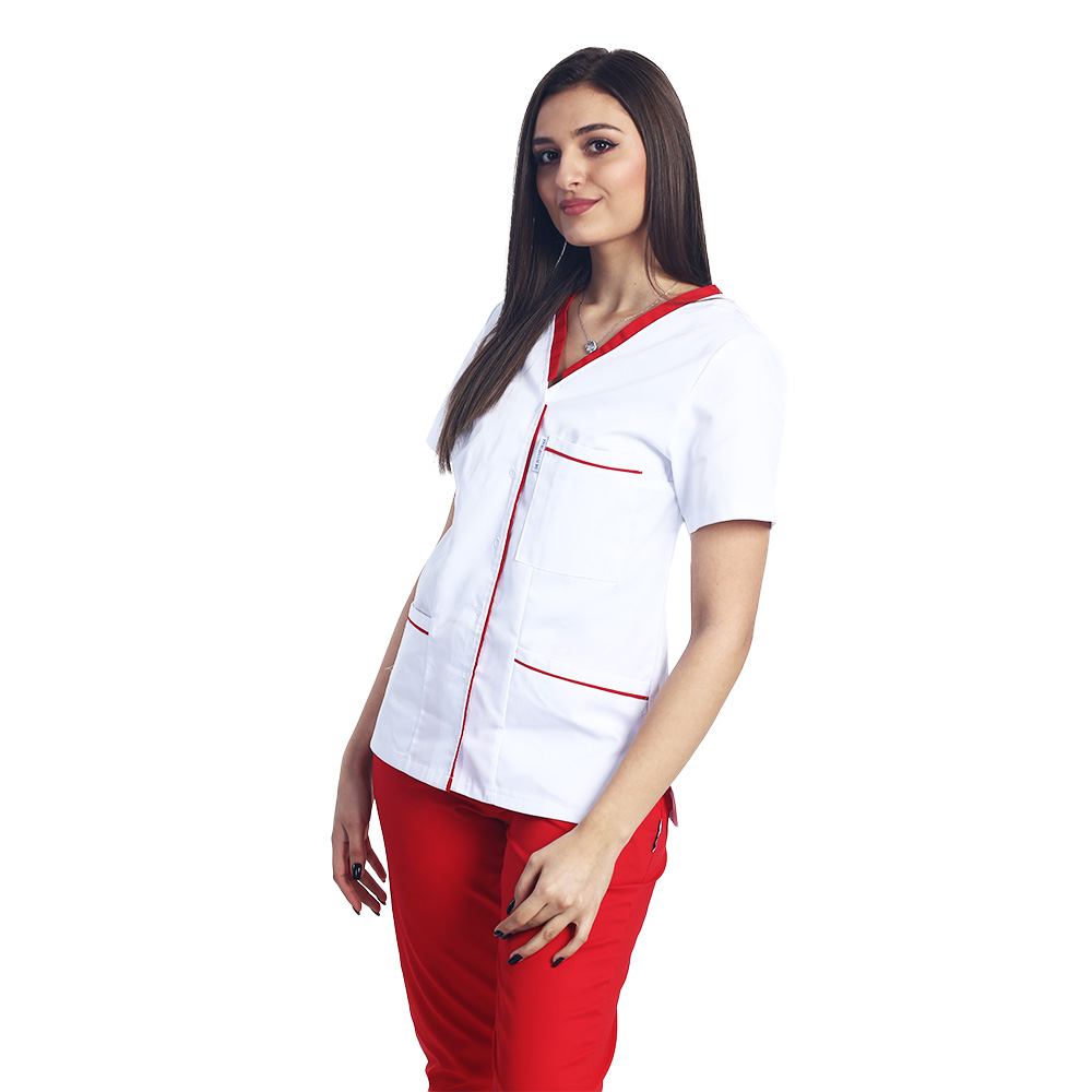 Camice medico bianco con paspol rosso, graffette e tre tasche applicate