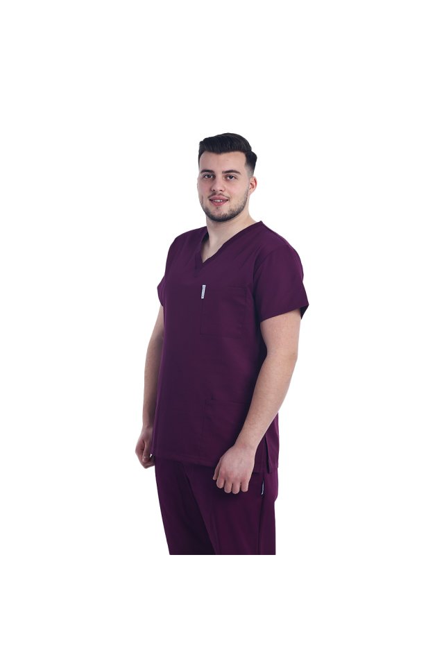 Camice medico unisex amarena con collo a V e tre tasche applicate