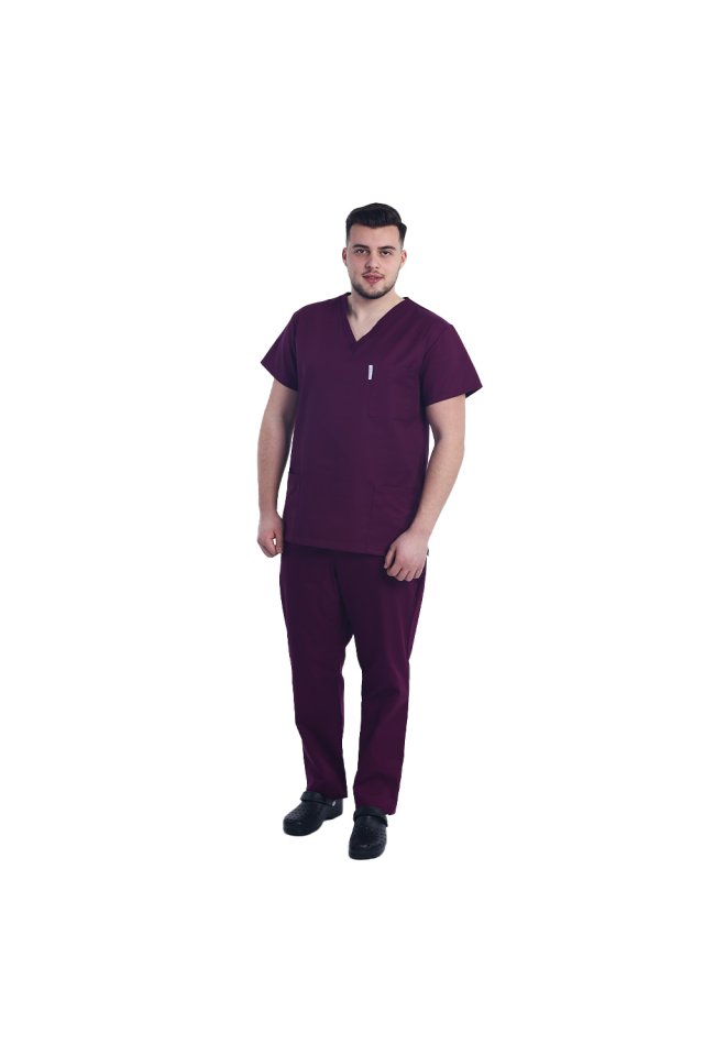 Camice medico unisex amarena con collo a V e tre tasche applicate