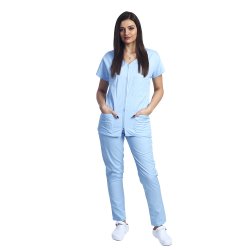 Tuta medica bleu con camicetta camberata con cerniera, tre tasche applicate e pantalone bleu con elastico