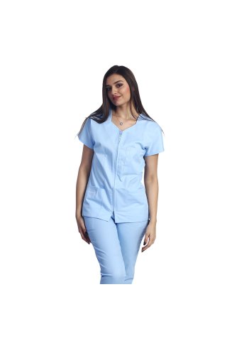 Tuta medica bleu con camicetta camberata con cerniera, tre tasche applicate e pantalone bleu con elastico