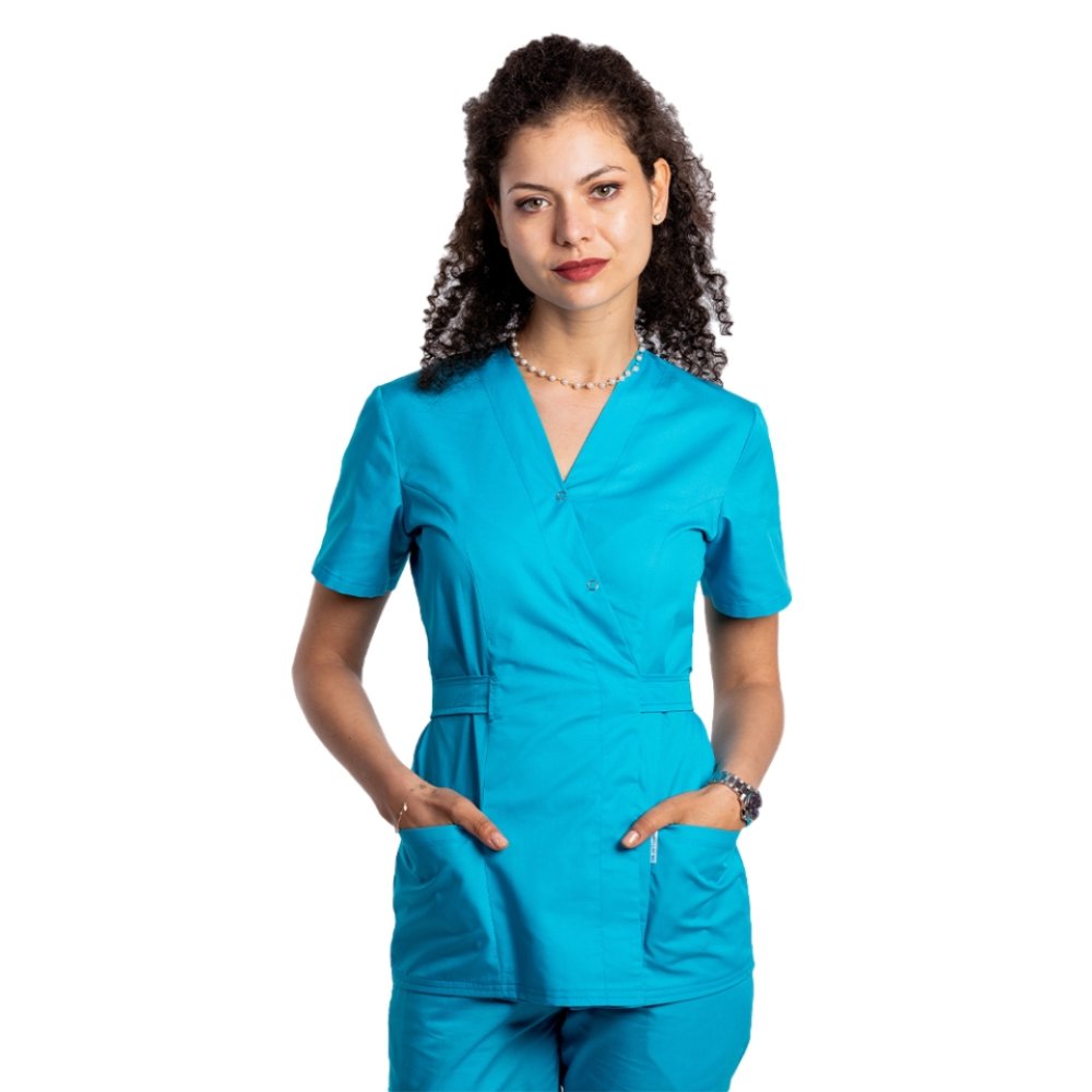 Camice medico kimono turchese, con elastan e due tasche applicate