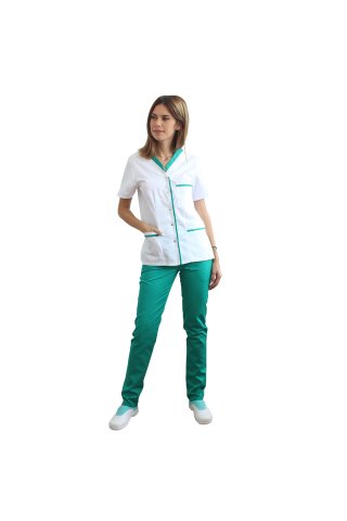 Tuta medica composta da camicetta bianca con paspol verde e pantaloni con elastico