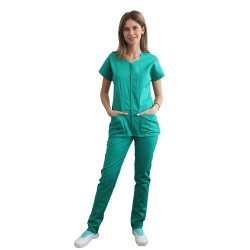 Tuta medica verde chirurgica, camicetta bombata con cerniera, tre tasche e pantaloni con elastico