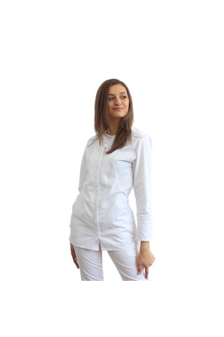 Camice medico da donna bianco con maniche lunghe, cerniera lampo e due tasche applicate