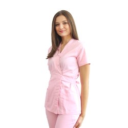 Camice medico kimono rosa pallido con due tasche applicate