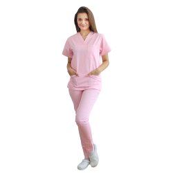 Tuta medica rosa pallido composta da una camicetta con scollo a V e pantaloni con elastico