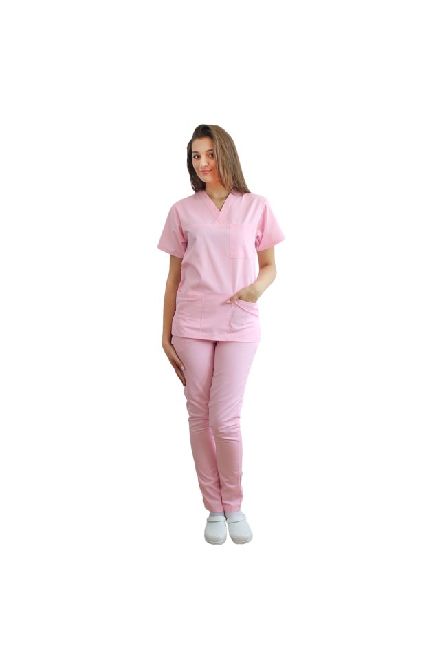 Tuta medica in elastan rosa pallido composta da una camicetta con scollo a V e pantaloni con coulisse