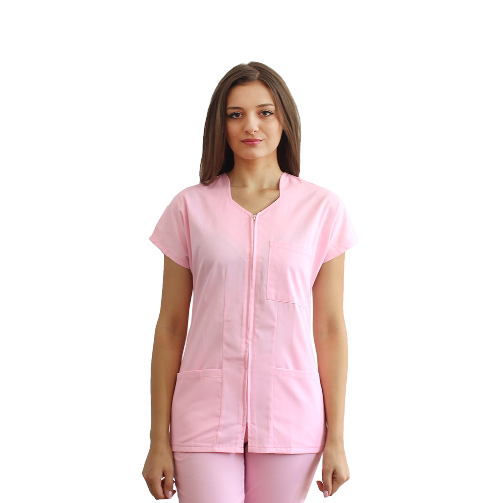 Tuta medica rosa pallido con camicetta con cerniera, tre tasche applicate e pantaloni con elastico
