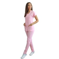 Tuta medica rosa pallido con camicetta bombata con cerniera, tre tasche applicate e pantaloni con elastico