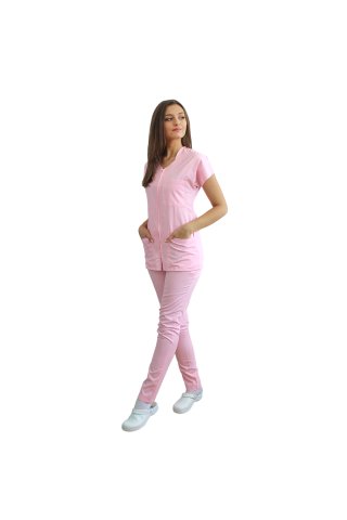Tuta medica rosa pallido con camicetta con cerniera, tre tasche applicate e pantaloni con elastico