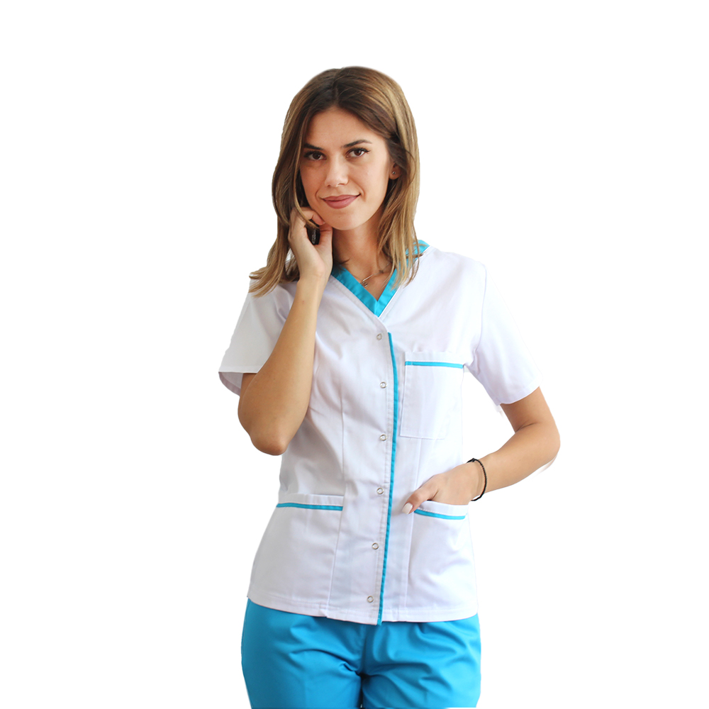 Camice medico bianco con paspol turchese, graffette e tre tasche applicate