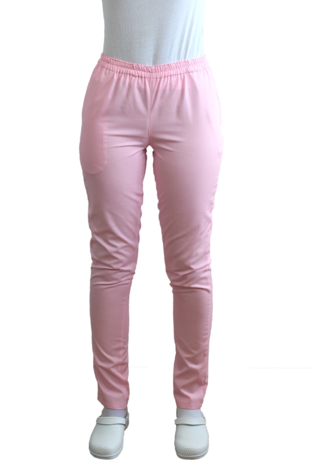Pantaloni medici rosa pallido, con coulisse in elastan in vita e due tasche laterali