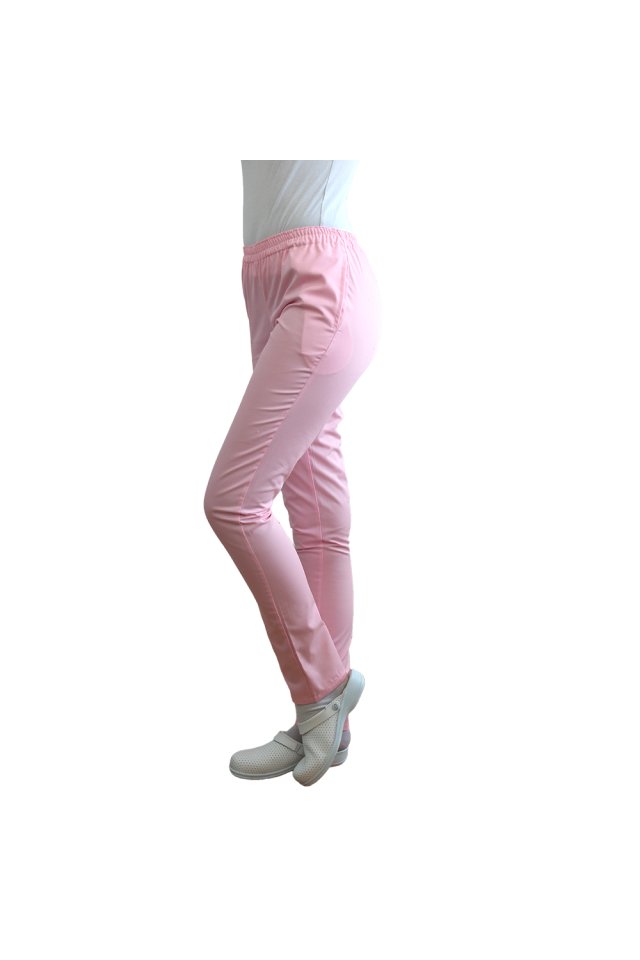 Pantaloni medici rosa pallido, con coulisse in elastan in vita e due tasche laterali